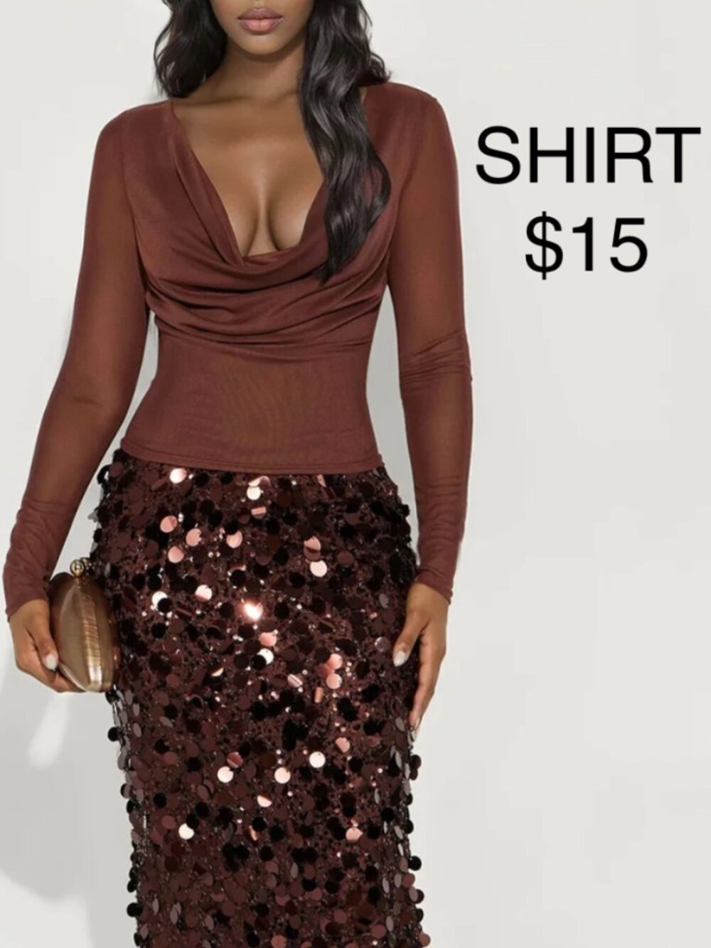 Chocolate Brown Cowl Neck Long Sleeve Top NWT
